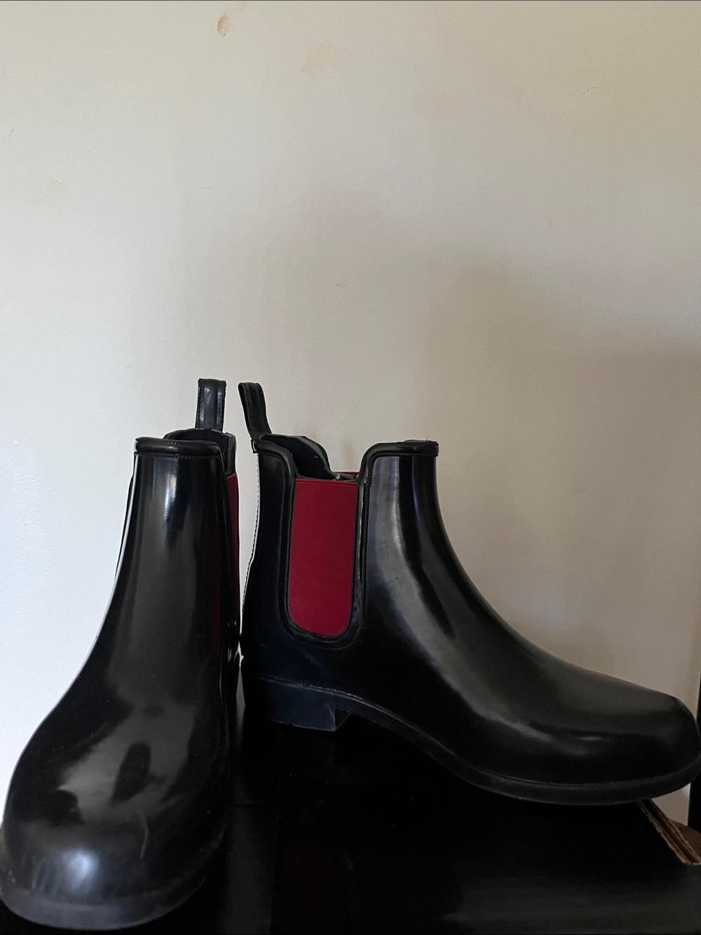 Ralph Lauren Black Chelsea Rain Boots with Red Elastic Side Panels- Woman’s